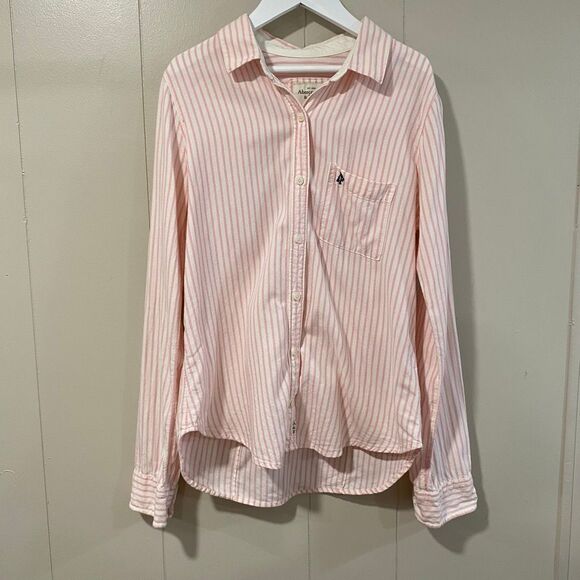 Abercrombie & Fitch Pink White Striped Button Down Shirt Women’s Medium - Picture 1 of 9